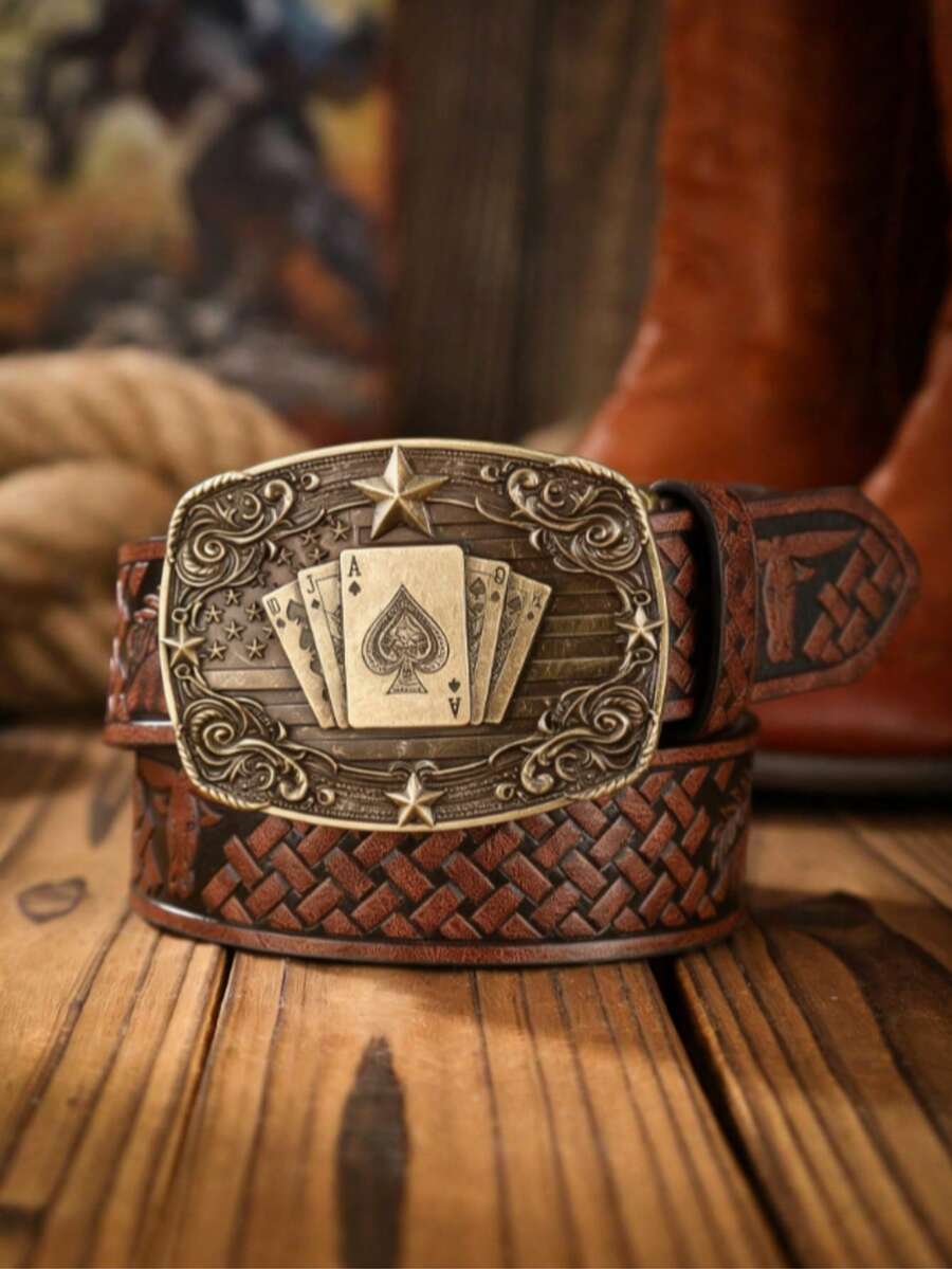 1 chiếc thắt lưng da PU màu nâu đậm kiểu Bohemian miền Tây dành cho cả nam và nữ, khóa kim loại dập nổi hình quân bài poker, kiểu cổ điển. - Như thể hiện trong hình ảnh - Xem 1