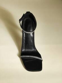 Women's Square Toe Rhinestone Embellished Ankle Strap High Heel Sandals, Sexy & Fashionable For Party Wear - Black - View 6