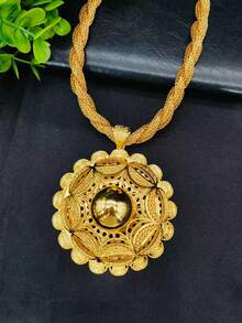 1条项链、1对耳环、1条手链、1枚戒指、1个发夹、1条头链，花朵造型合金中东迪拜风格首饰套装，适合沙特阿拉伯、非洲婚礼和派对佩戴，6件套金色首饰套装 - 金黃色 - 查看 3