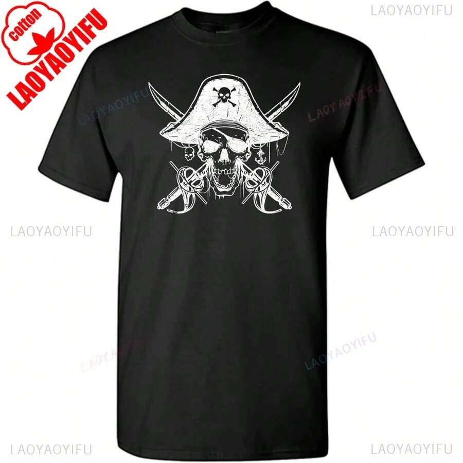 2026 Camiseta de Verano para Hombre con Estampado de Calavera Pirata Gótica, Tops de Halloween, Cuello Redondo, Algodón de Alta Calidad, Manga Corta - Negro - Ver 1