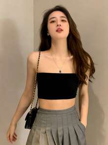 Strapless Crop Top (Without Straps, Includes Padding, Non-Removable) Casual Black Summer - Black - View 4