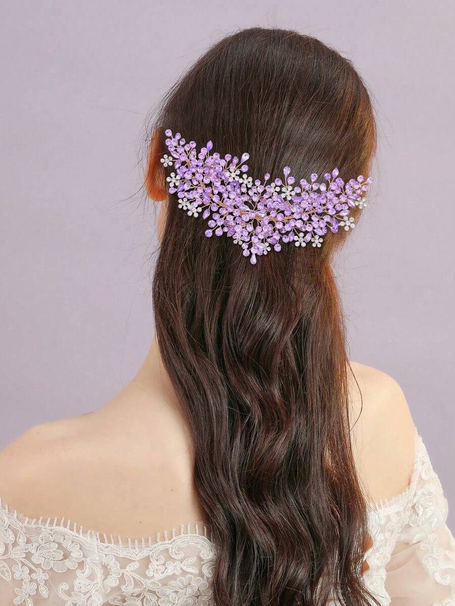 1pc Women's Elegant Crystal Headband, Handmade Luxury Party Updo Hair Accessory, Bridal Wedding Tiara, Princess Birthday Gift - 紫色 - 查看 1