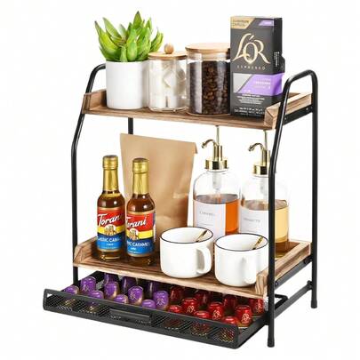 2-Tier Wooden Tea & Coffee Station Organizer With Smooth Slide-Out Pod Drawer - Multi-Functional Coffee Bar Station & Hot Chocolate Station | Keeps Coffee Station Accessories, Tea Bags & Beverage Essentials Tidy & Accessible | Suitable For Kitchen, Office & Home Use