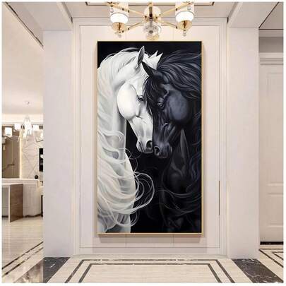 1 pieza Póster de lienzo abstracto moderno sin marco en blanco y negro con tema de caballos, para decoración de dormitorio, sala de estar, oficina en casa y comedor