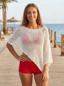 Women Knitted Poncho Loose See Through Boat Neck Off Shoulder Asymmetrical Crop Coverup Tops - 白色 - 查看 8