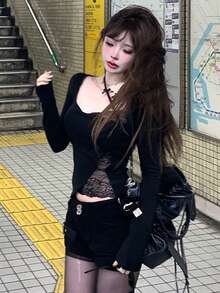 性感撞色蕾丝长袖T恤，修身剪裁，优雅时尚 - 黑色 - 查看 5