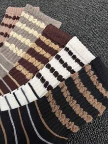 5双装女士宽松袜，秋冬条纹中筒袜，彩虹色复古长袜，宽松袜口不勒腿舒适针织袜，可爱叠穿袜，褶皱袜，冬季保暖袜，荷叶边袜 - 彩色 - 查看 4