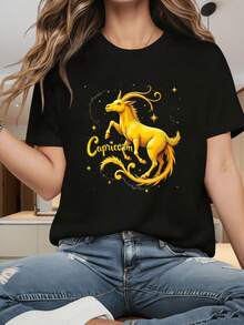 Women's Round Neck Short Sleeve T-ShirtCapricorn Zodiac Sign Golden Goat T Shirt Astrology Star Symbol Graphic Tee For Women Men Unisex Fashion Casual TopFun Prints Are Suitable For Christmas Partysports Activitiesholiday Partiesoutingssports And Other Holiday Gifts (220g). - White - View 1