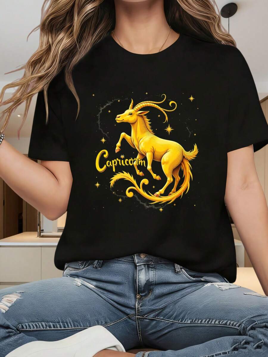 Women's Round Neck Short Sleeve T-ShirtCapricorn Zodiac Sign Golden Goat T Shirt Astrology Star Symbol Graphic Tee For Women Men Unisex Fashion Casual TopFun Prints Are Suitable For Christmas Partysports Activitiesholiday Partiesoutingssports And Other Holiday Gifts (220g). - White - View 1