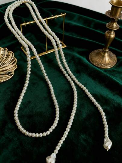 复古多层长链巴洛克仿珍珠吊坠项链，优雅颈链