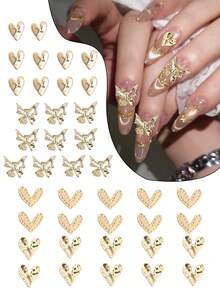 40 Pieces/Pack Y2K Golden Love Butterfly Nail Art Accessories Shiny Alloy Hollow Butterfly/Heart-Shaped Nail Decoration Diy Nail Accessories Nail Jewelry Gemstone Nail Supplies - Gold - View 1