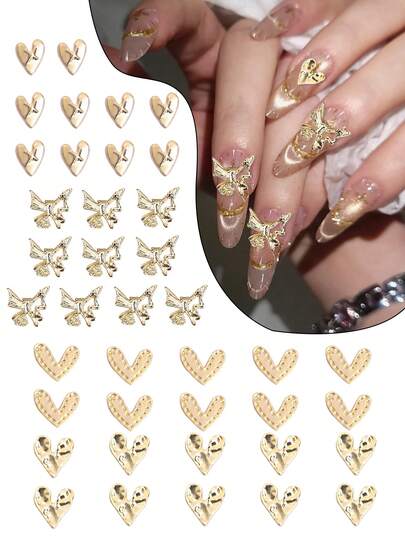 40 Pieces/Pack Y2K Golden Love Butterfly Nail Art Accessories Shiny Alloy Hollow Butterfly/Heart-Shaped Nail Decoration Diy Nail Accessories Nail Jewelry Gemstone Nail Supplies