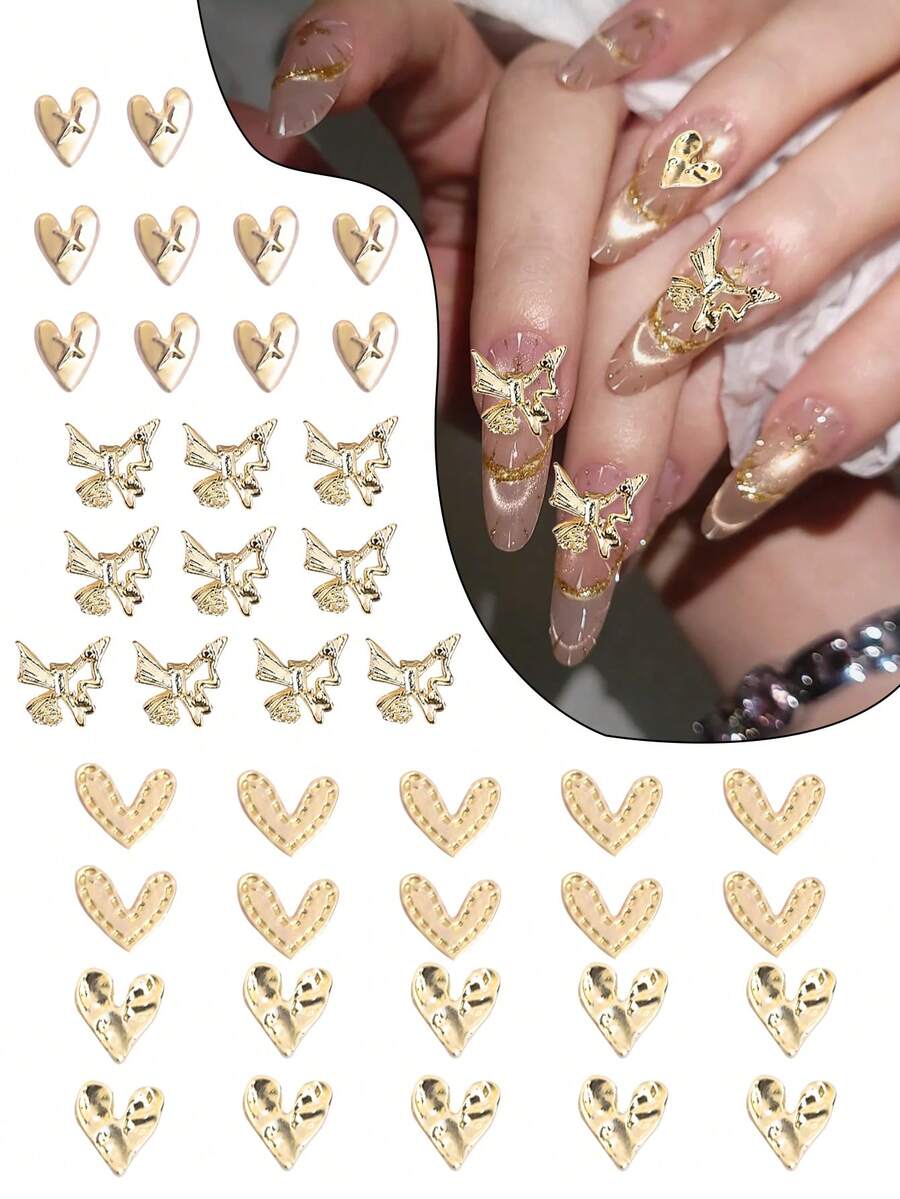 40 Pieces/Pack Y2K Golden Love Butterfly Nail Art Accessories Shiny Alloy Hollow Butterfly/Heart-Shaped Nail Decoration Diy Nail Accessories Nail Jewelry Gemstone Nail Supplies - Gold - View 1
