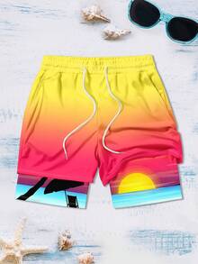 Men's Sunset Palm Tree Ombre Hawaiian Vacation Style Double-Layer Beach Shorts - Multicolor - View 2