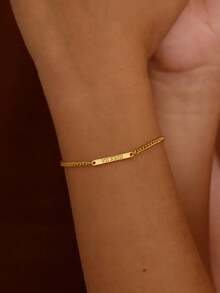 1pc Customized Minimalist Cuban Link Bracelet, Personalized Name Plate Bracelet, Minimalist Personalized Bracelet, Engraved Plate Bracelet, Date Engraved Bracelet, Unisex Bracelet, Customized Gift, Gift For Her/Him, Valentine's Day Gift, Mother's Day Gift, Father's Day Gift - Multicolor - View 7