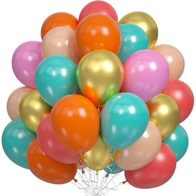 蓝绿色、粉色、橙色气球，60个珊瑚色、绿松石色派对气球，米色金属金色气球，各种颜色气球，适用于婴儿派对、女孩生日、婚礼、周年纪念装饰