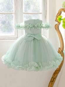 Young Girls' Round Neck Embroidered Sequin Bow Lily Satin Tulle Elegant Birthday Party Princess Dress, Suitable For School Graduation, Prom, Evening Gala, Does Not Include Headband - Green - View 2