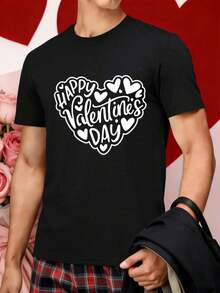 Camiseta de San Valentín con motivo de corazón, tejido de alta calidad, cuello redondo, corte holgado, cómoda, estampado artístico. - Negro - Ver 1