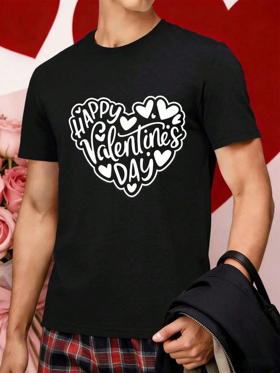 Camiseta de San Valentín con motivo de corazón, tejido de alta calidad, cuello redondo, corte holgado, cómoda, estampado artístico. - Negro - Ver 1