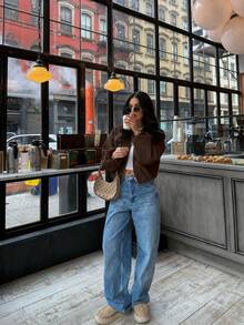 Women Solid Color Zip-Up Short Jacket With Pockets, Casual Long Sleeve Soft Bomber Jacket, Versatile Minimalist Design For Autumn/Winter Spring - Brown - View 4