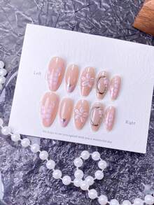 10-Piece Handcrafted Nude-Pink & Glitter Press-On Nails Set (S/M/L): Nude-Pink Base With Gold Glitter, White & Gold Trim Accents, Gentle Delicate Style, Shiny Glossy Texture, Fits Daily Commute, Casual Social & Dates