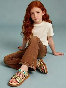 1 Pair Girls' Geometric Embroidery Butterfly Decor Sandals, Faux Leather, Non-Slip Flat, Ankle Strap, Bohemian Style, Summer, Popular Design, Soft Sole, Comfortable, Fashionable, Ideal Gift - Gold - View 10