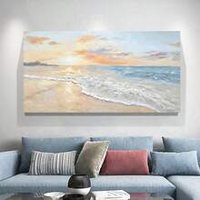 Arte de pared de lienzo con vista abstracta al mar, ola de océano azul con amanecer blanco, tema de playa dorada, decoración sin marco para sala de estar, dormitorio, baño, oficina en casa - Decoración de pared de moda - Multicolor - Ver 4
