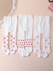 3 Pairs Baby Heart Pattern Tights, Style, Suitable For 0-1 Year Old Photoshoot And Gatherings - White - View 3