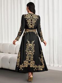 女士优雅复古印花衬衫裙 – 长袖，适合春秋季节、毕业典礼、日常穿着、下午茶聚会、婚礼、活动、派对、斋月服装等场合。