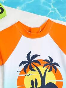 男童圆领椰树印花后拉链连体泳衣，适合度假和海滩穿着 - 彩色 - 查看 4