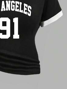 Teen Girl Letter Print Short Sleeve T-Shirt And Wide Leg Pants Casual Suit - Black - View 4