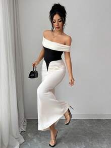 女士黑白无袖修身连衣裙，优雅针织露肩褶皱长款铅笔裙，适合派对穿着 - 彩色 - 查看 2