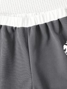 Teen Girl Casual Contrast Collar Polo Shirt With Graphic Print & Wide Leg Pants Set, Suitable For Spring, Summer, Autumn - Dark Grey - View 5