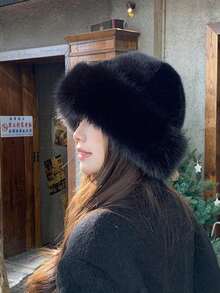 1pc Plush Mongolian Hat For Women, Thickened Autumn/Winter Bucket Hat With Faux Fur Ear Protection - Multicolor - View 8