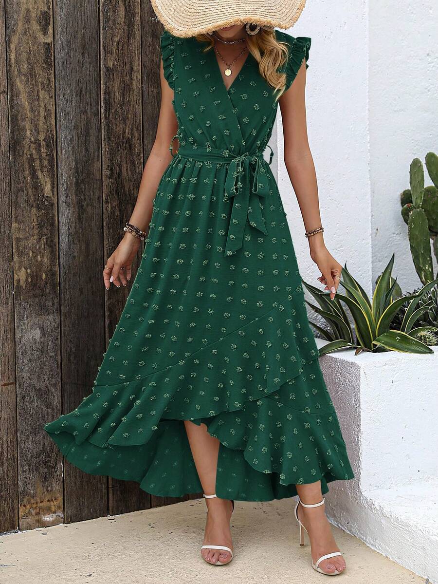 Women Summer Maxi Dress Swiss Dot V Neck Ruffle Cap Sleeve Tie Waist Wrap Ruffle Split Hem Long Dress Bohemia Boho Beach Holiday Vacation Valentine Flowy Long Midi Dress Outfits
