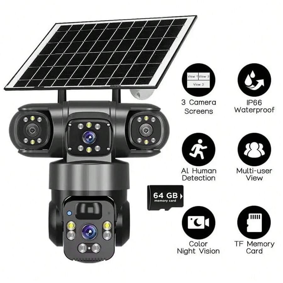 4k 8 Megapixel Wireless Solar Security Camera, Triple Lens Solar Monitoring, Ultra HD Color Night Vision, Two-Way Audio, 2.4G Wi-Fi Connection, Wall-Mount Monitoring, Easy Installation, Smart Home Security Camera, Mobile Remote App, View Anytime, Anywhere, Good Housekeeping, IP66 Waterproof Rating - Xám - Xem 1