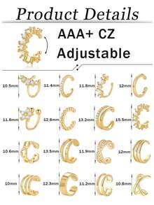 16件套女士耳夹耳环，无需耳洞，镀金镀银，夹式耳骨耳环，镶嵌锆石心形花朵，耳饰套装，轻巧可调节 - 多款式 - 查看 3