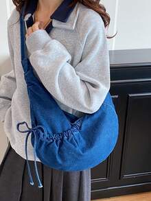 Túi đeo vai vải bố màu xanh lam kiểu Nhật Bản, túi đeo chéo thời trang có khóa kéo và nơ xếp ly, túi xách gấp gọn hình lưỡi liềm thích hợp đi học/đi làm/đi làm hàng ngày. - Nhiều màu - Xem 11