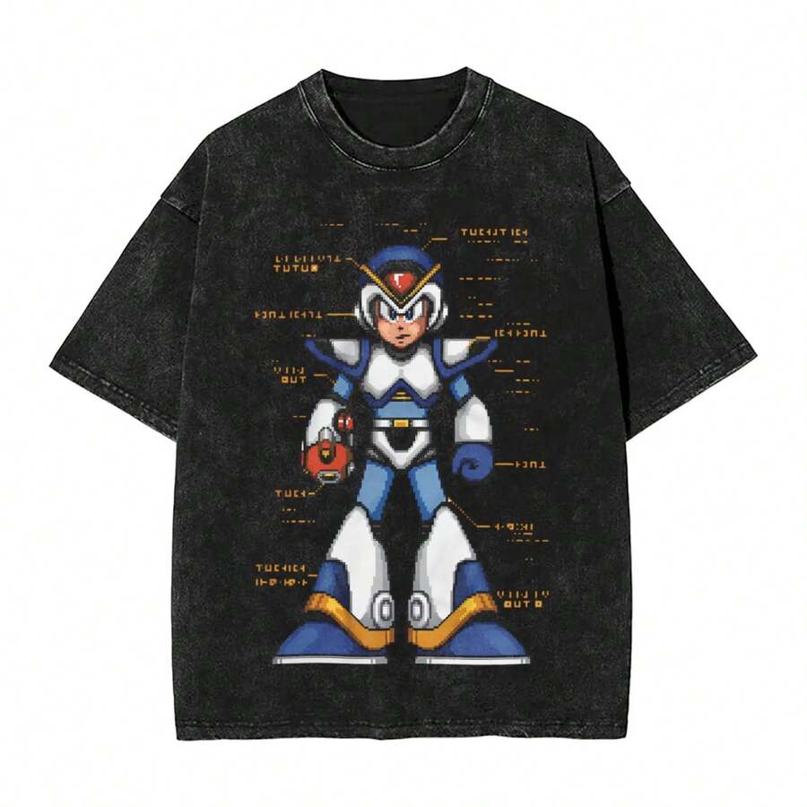 Mens T Shirt Game Mega Robot Man Washed T-Shirts Hippie Summer Tees Y2K Classic Design Casual Tops Birthday Present - Black - View 1