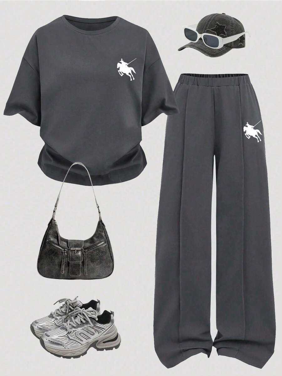 Teen Girl Knight Print Round Neck Short Sleeve T-Shirt And Pants Casual Suit - Dark Grey - View 1