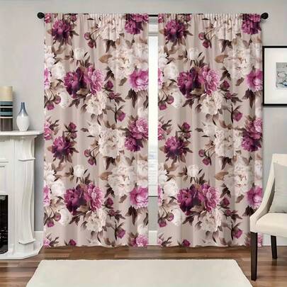 2pcs Purple Peonies Symbolise Wealth And Honour Decorations Curtains-Rod Pocket Design For Privacy And Easy Installation - Perfect For Home Windows, Rod Pocket Style