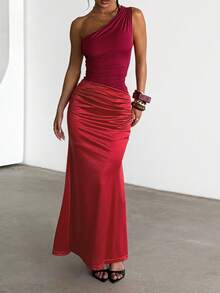 Abito estivo WOWDARK, outfit rosso per San Valentino, abito da festa asimmetrico con spalla e patchwork, abito da sirena elegante per donna, adatto per feste di compleanno, feste, San Valentino, appuntamenti e altre occasioni - Rosso - Visualizzare 7