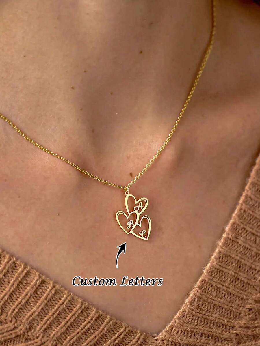 1PC [Valentine's Day] [Customized] Elegant Family Initials Love Necklace, Personalized Multi-Heart Pendant, Custom Couple Necklace, Family Necklace, Golden Love Name Necklace For Her, Initial Custom Necklace, Simple Women's Necklace, Women's Jewelry, Personalized Gifts For Valentine's Day, Mother's Day, Eid Gifts - Multicolor - View 1