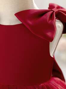 Baby Girls Sleeveless Backless Bow Mesh Satin Elegant Flower Girl Dress For Wedding, Party, Birthday, No Headband - Burgundy - View 6