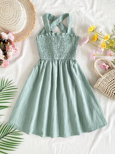 Young Girls Summer New Fashion Spaghetti Strap Neck Tie Chiffon Patchwork Solid Color Casual Dress With Big Bow Decor Backless Princess Dress