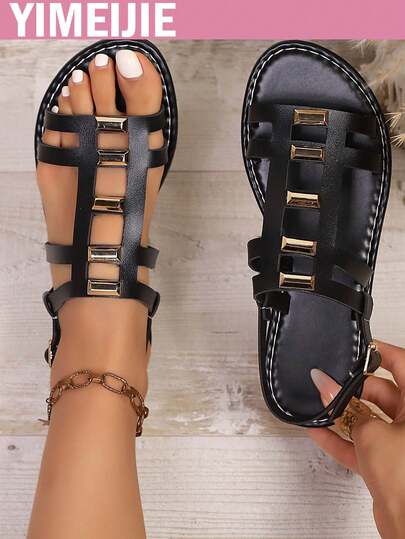 New Women Fashion Flat Sandals, Solid Color Geometric Pattern Beach Sandals, Hollow Out PU Leather Casual Flat Sandals, Summer Holiday