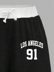 Teen Girl Letter Print Short Sleeve T-Shirt And Wide Leg Pants Casual Suit - Black - View 5