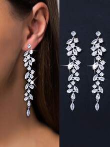 一对闪亮叶形水滴耳环，女士水晶水滴耳环，新娘婚礼首饰，派对周年纪念订婚礼物，情人节配饰