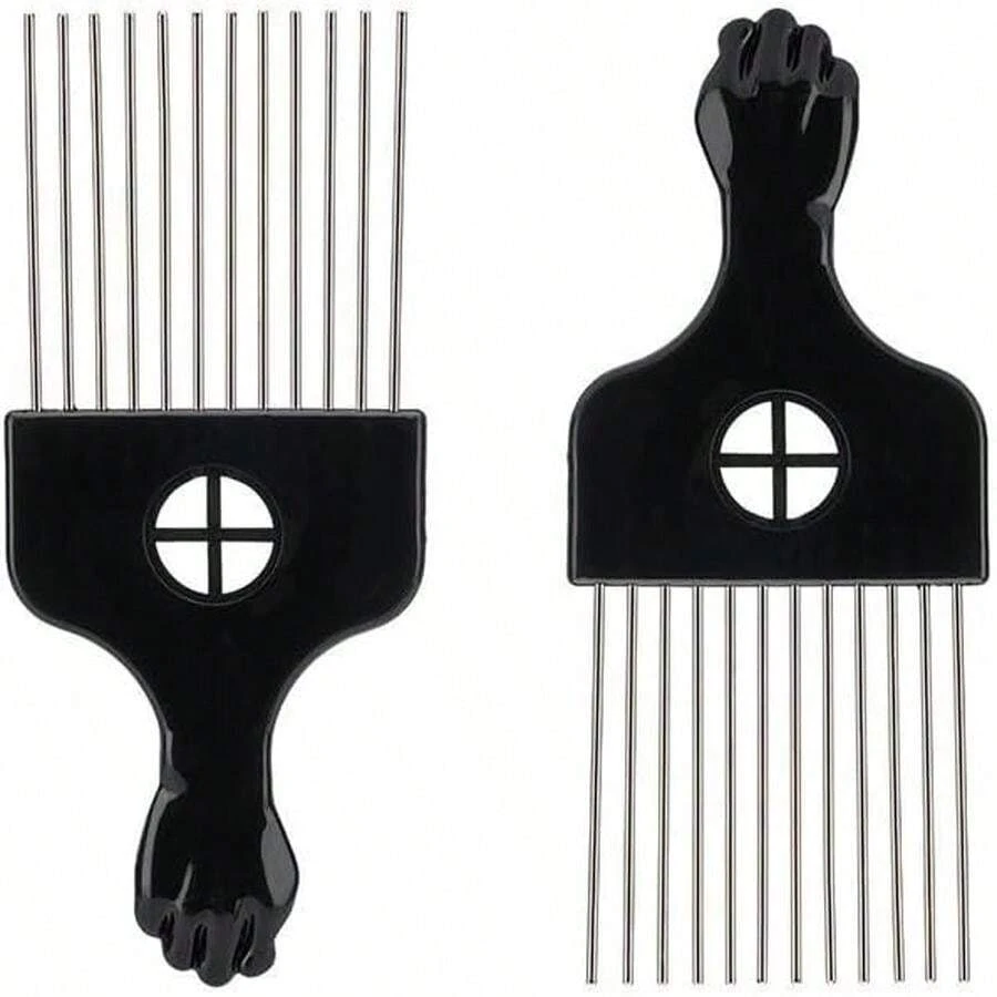 Black Metal Afro Pick Combs For Curly Hair - Detangle & Style Comb For Women And Men, Durable Plastic & Metal, Fist Design For Hair Styling, Perfect For Wigs (2 Pack Hair Comb, Count, 2) - 2 Pack Hair Comb-2 - 查看 1