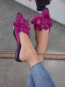 女士时尚仿真花平底便鞋，适合所有季节的穆勒拖鞋，封闭式鞋头 - 玫紅色 - 查看 18